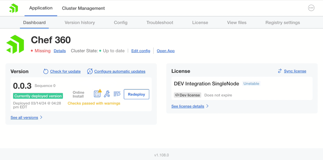 Chef 360 Platform Admin Console dashboard showing the currently deployed version and the Configure automatic updates link.